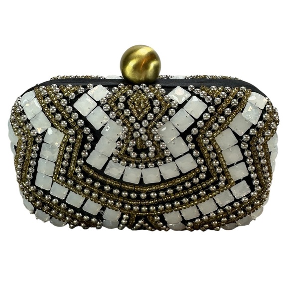 Santi India Beaded Evening Clutch Bag Hard Shell White & Gold on Black 7"W NWT - Picture 1 of 10